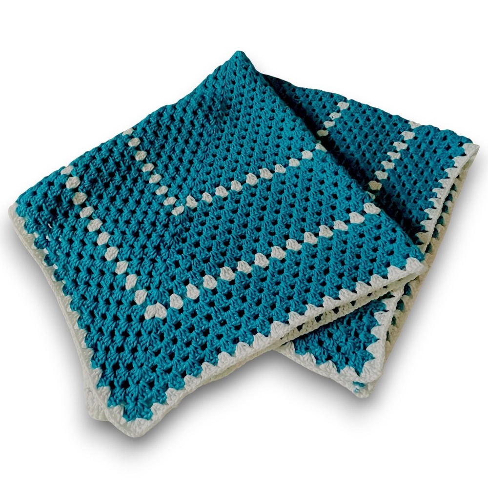 Hand Crocheted Blanket Baby Lap Afghan‎ Teal Blue 42"x40"" NWOT